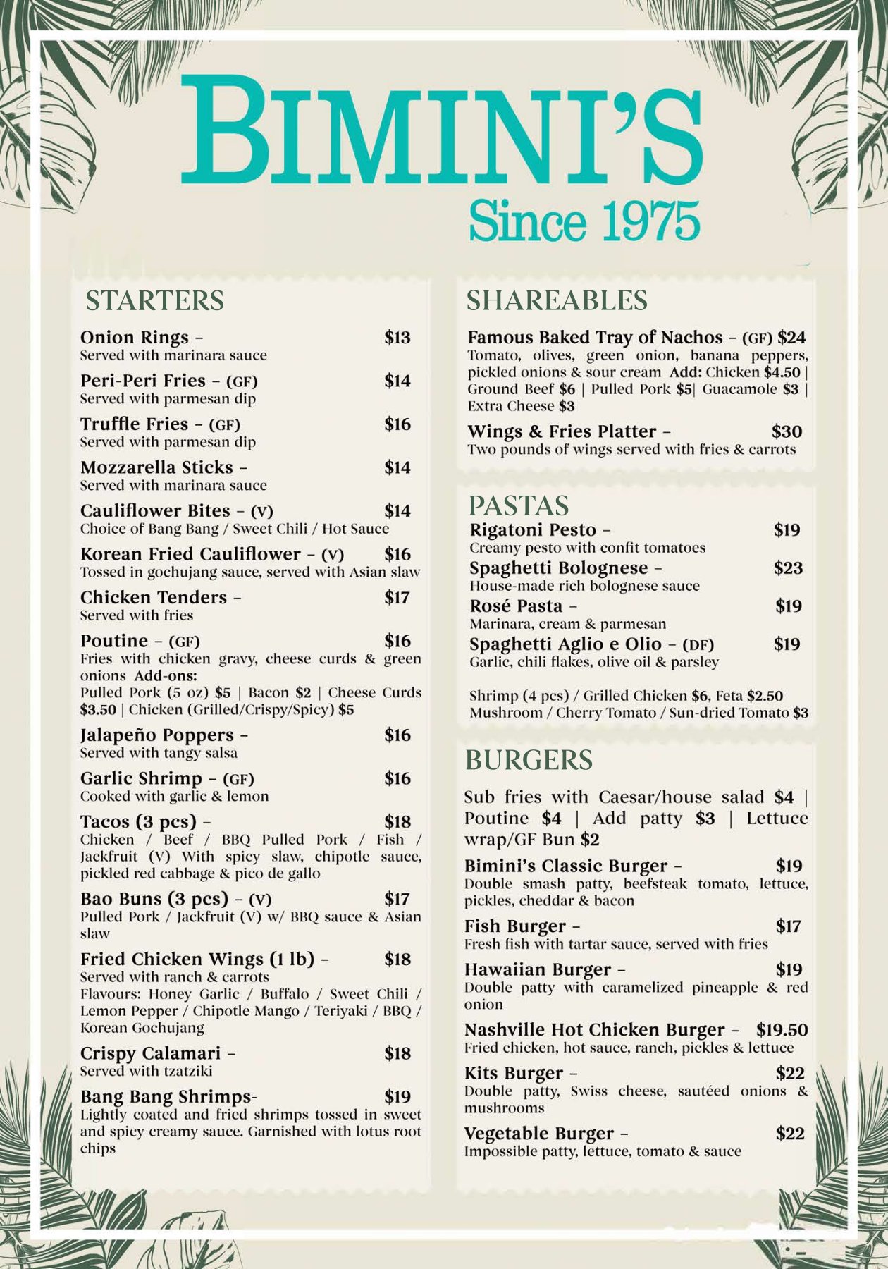 Biminis Menu