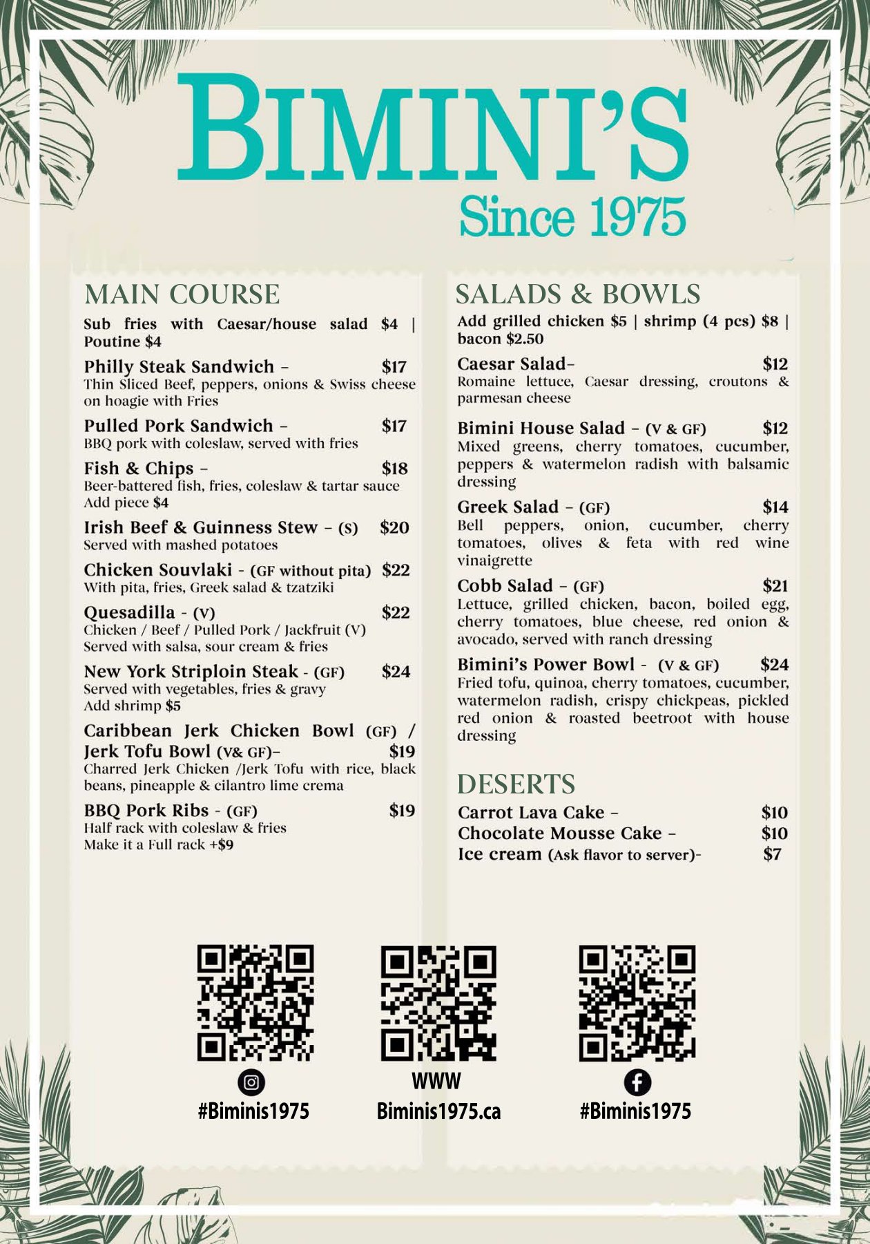 Biminis Menu